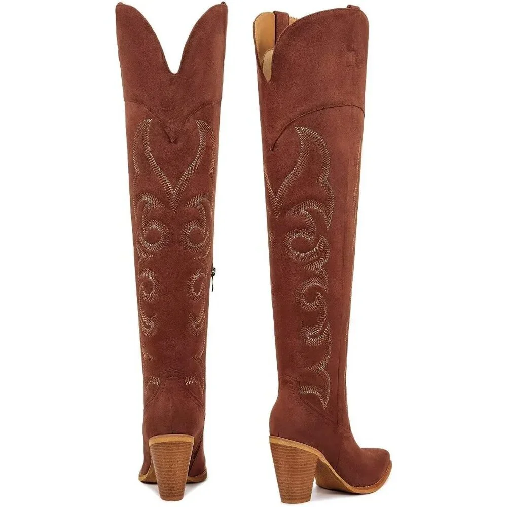 Women Over Knee Reddish Faux Leather Pull On Tab Chunky Heel Pointed Toe Boots